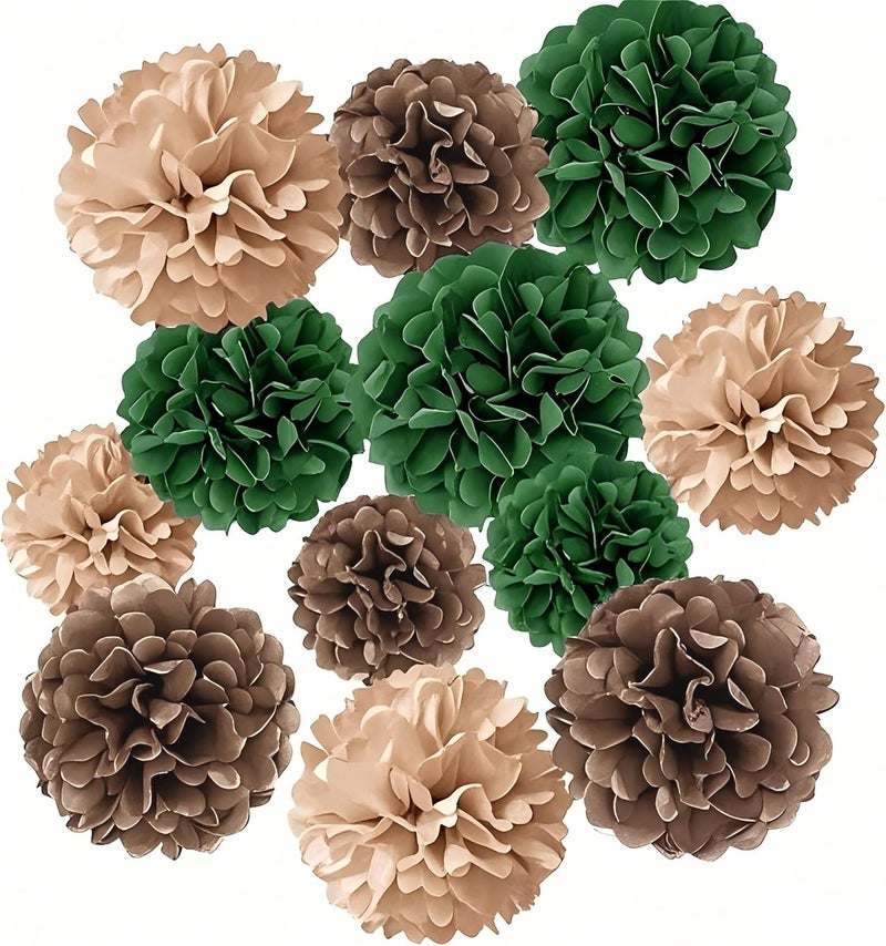 YESON Tissue Paper Pompoms Paper Flower 12 Pcs Green Brown Paper Flower Ball for Birthday Bachelorette Wedding Baby Shower Bridal Shower Party Decoration - Image 1